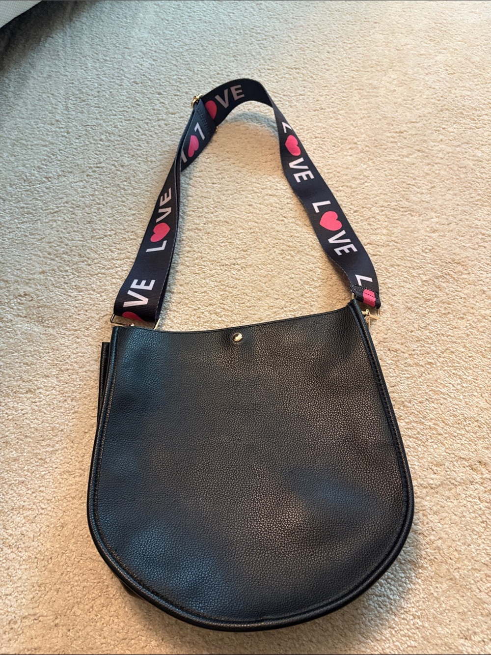 Black Pebbled Shoulder Bag with 'LOVE' Webbing Strap